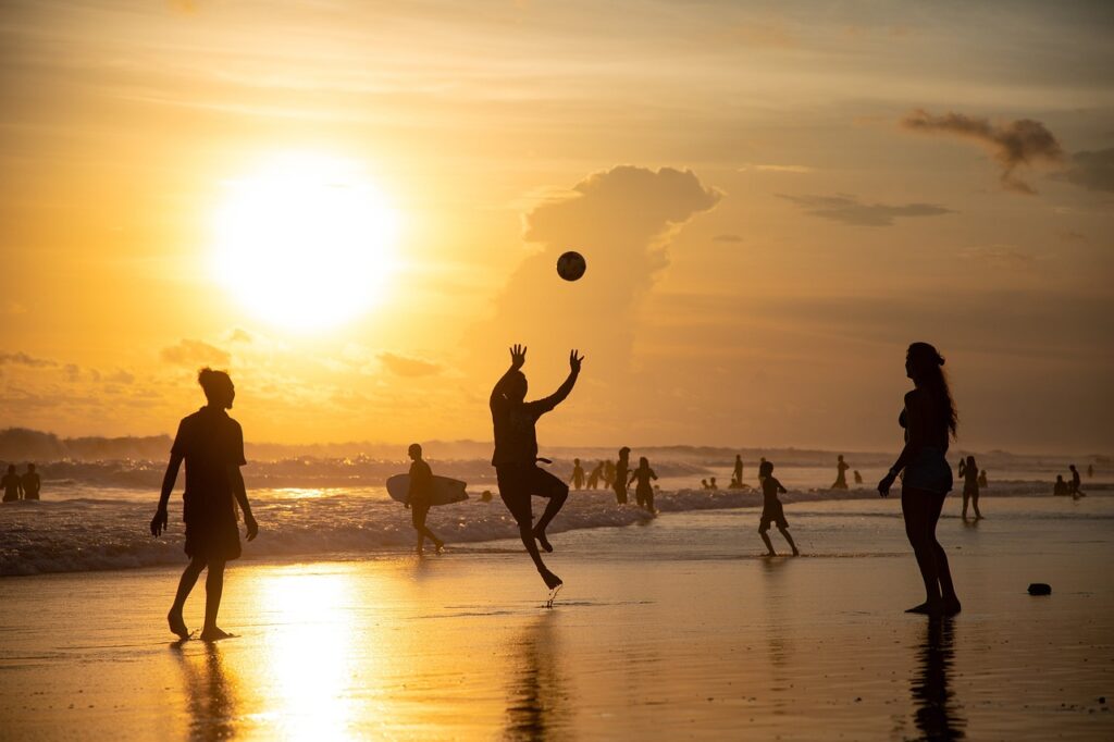sunset, volleyball, beach, silhouette, beach volleyball, sport, playing, nature, golden hour, sun, sunlight, coast, shore, seashore, sea, ocean, leisure, vacation, people